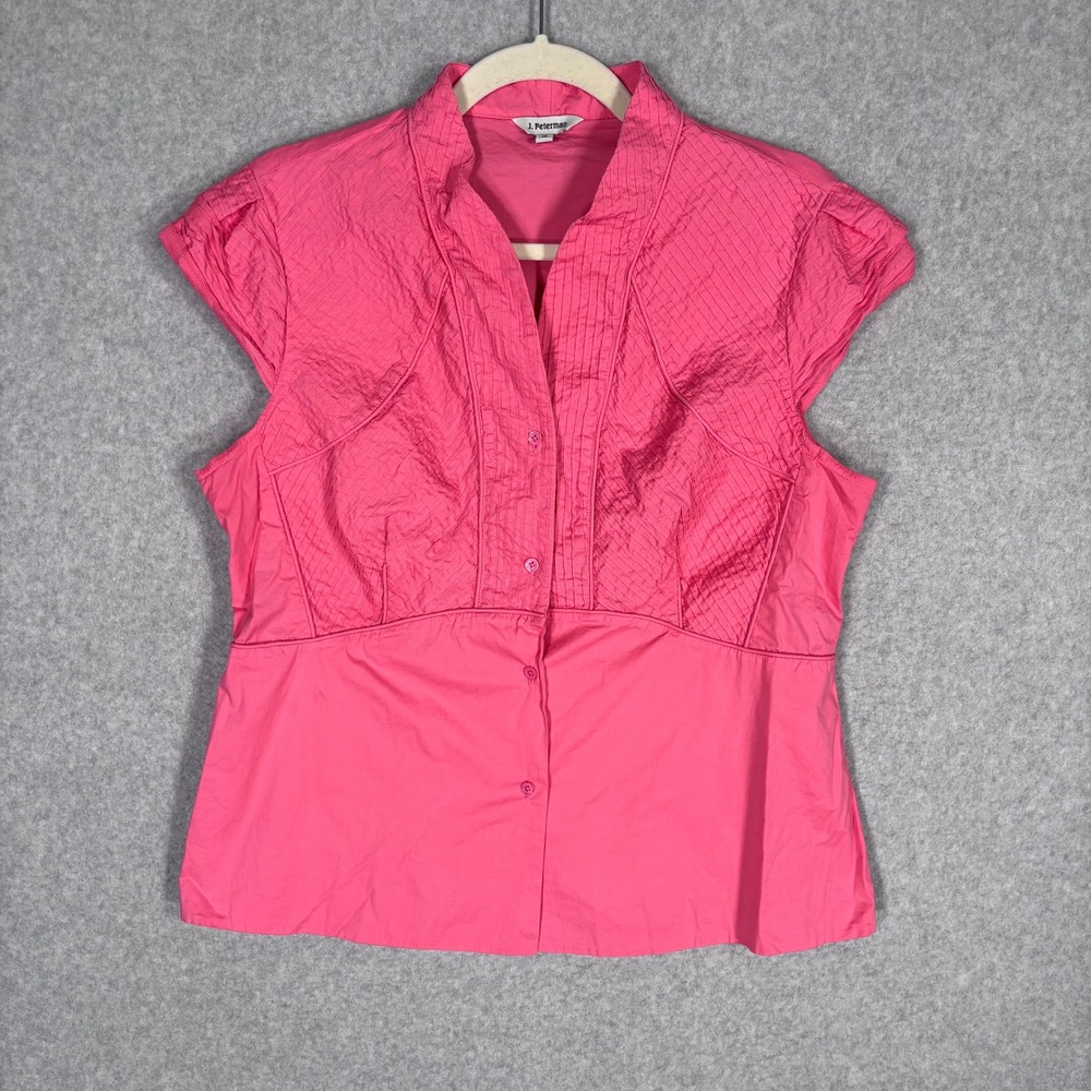 J Peterman Button Down Top 16 Pink Textured Cap Sleeve Stretch Cotton Blouse